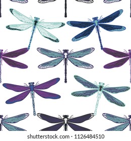Hand drawn stylized dragonflies seamless pattern for girls, boys, clothes. Creative background with insect. Funny wallpaper for textile and fabric. Fashion style. Colorful bright