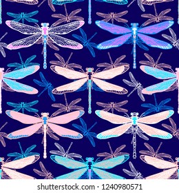 Hand drawn stylized dragonflies seamless pattern for girls, boys, clothes. Creative background with insect. Funny wallpaper for textile and fabric. Fashion style. Colorful bright