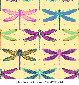 Hand drawn stylized dragonflies seamless pattern for girls, boys, clothes. Creative background with insect. Funny wallpaper for textile and fabric. Fashion style. Colorful bright