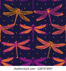 Hand drawn stylized dragonflies seamless pattern for girls, boys, clothes. Creative background with insect. Funny wallpaper for textile and fabric. Fashion style. Colorful bright