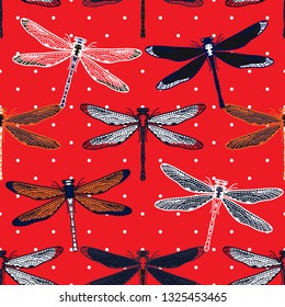 Hand drawn stylized dragonflies seamless pattern for girls, boys, clothes. Creative background with insect. Funny wallpaper for textile and fabric. Fashion style. Colorful bright