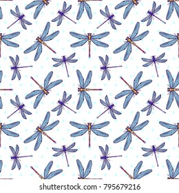Hand drawn stylized dragonflies seamless pattern for girls, boys, clothes. Creative background with insect. Funny wallpaper for textile and fabric. Fashion style. Colorful bright