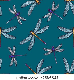 Hand drawn stylized dragonflies seamless pattern for girls, boys, clothes. Creative background with insect. Funny wallpaper for textile and fabric. Fashion style. Colorful bright
