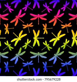 Hand drawn stylized dragonflies seamless pattern for girls, boys, clothes. Creative background with insect. Funny wallpaper for textile and fabric. Fashion style. Colorful bright