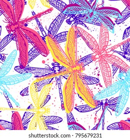 Hand drawn stylized dragonflies seamless pattern for girls, boys, clothes. Creative background with insect. Funny wallpaper for textile and fabric. Fashion style. Colorful bright