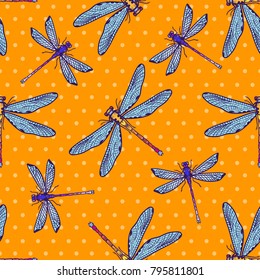 Las libélulas estilizadas dibujadas a mano son un patrón sin fisuras para niñas, niños, ropa. Fondo creativo con insecto. Gracioso papel pintado para textiles y tejidos. Estilo de moda. Brillante y colorido.