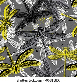 Hand drawn stylized dragonflies seamless pattern for girls, boys, clothes. Creative background with insect. Funny wallpaper for textile and fabric. Fashion style. Colorful bright.