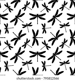 Hand drawn stylized dragonflies seamless pattern for girls, boys, clothes. Creative background with insect. Funny wallpaper for textile and fabric. Fashion style. Black and white.