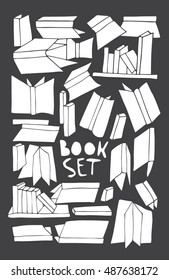 Hand drawn stylized education of theme set with unique lettering. Flat books set vector illustration. (Can be used as texture for cards, invitations, DIY projects, web sites or for any design.)