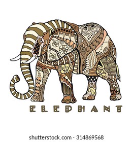 Hand drawn stylized elephant with decorative tribal ethnic ornament. Graphics for t-shirt, poster, isolated element for invitation or card design, tattoo style, colorful vector illustration