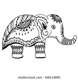 Hand drawn stylized Elephant. Patterned vector illustration, Indian mammal in zentangle style. Sketch for adult antistress coloring page, tattoo design, t-shirt. Animal collection