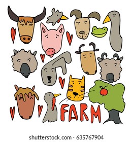 Hand drawn stylized farm set bright color. Flat vector style illustration. Animals theme. Lettering. (Can be used as texture for cards, invitations, DIY projects, web sites or for any other design.)