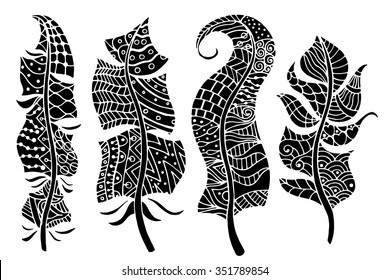 Hand drawn stylized feathers vector collection. Set of doodle tribal feathers. Cute zentangle feather for your design. Elements for greeting card and postcard, henna and tattoo design
