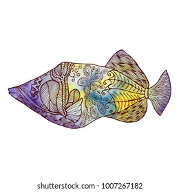 Hand drawn stylized fish with doodle, zentangle, floral, vintage elements and watercolor background. Isolated on white. Vector illustration.