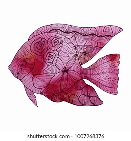 Hand drawn stylized fish with doodle, zentangle, floral, vintage elements and watercolor background. Isolated on white. Vector illustration.