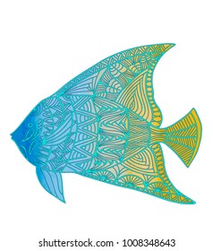 Hand drawn stylized fish with doodle, zentangle, floral, vintage elements and watercolor background. Isolated on white. Vector illustration.