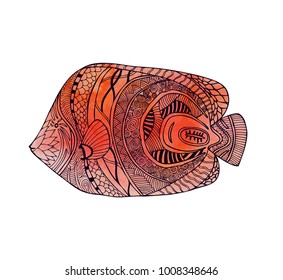 Hand drawn stylized fish with doodle, zentangle, floral, vintage elements and watercolor background. Isolated on white. Vector illustration.