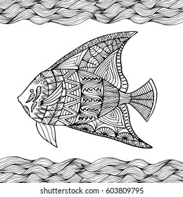 Hand drawn stylized fish with doodle, zentangle, floral, vintage elements with waved pattern frame. Coloring page for  coloring book for adults. Isolated on white.