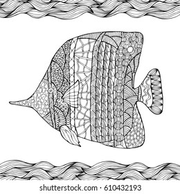 Hand drawn stylized fish with doodle, zentangle, floral, vintage elements with waved pattern frame. Coloring page for  coloring book for adults. Isolated on white.