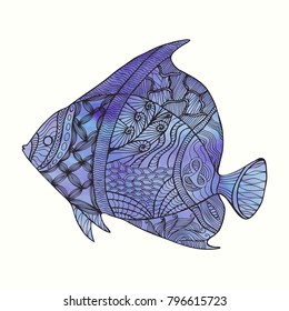 Hand drawn stylized fish with doodle, zentangle, floral, vintage elements and watercolor background. Isolated on white. Vector illustration.