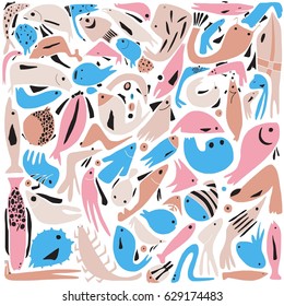 Hand drawn stylized fish set bright color. Flat vector style illustration. Wildlife theme. (Can be used as texture for cards, invitations, DIY projects, web sites or for any other design.)