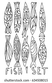 Hand drawn stylized fish set black color. Flat outline vector style illustration. Wildlife theme. (Can be used as texture for cards, invitations, DIY projects, web sites or for any other design.)