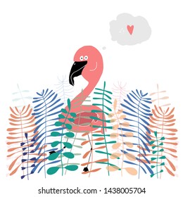 Hand drawn stylized flamingo in garden. Vector trendy flat style cartoon bird. Music festival. Character vector.