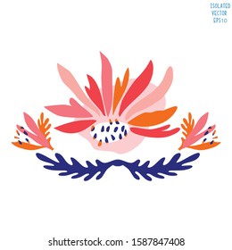 Hand Drawn Stylized Flower Clip Art. Classic Blue Cream and Blush Floral Motif Icon in Paper Cut Out Style. Perfect for Invitation, Exotic Tropical Wedding Flora Illustration. Isolated Vector EPS 10