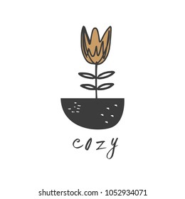 Hand drawn stylized flower in pot.
Scandinavian art.
Decor element, clipart. 
Isolated vector illustration.