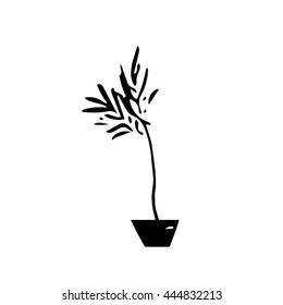Hand drawn stylized flower in pot black color. Plant isolated icon. (Can be used as texture for cards, invitations, DIY projects, web sites or for any other design.)
