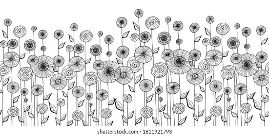 Hand drawn stylized flower seamless border vector illustration.