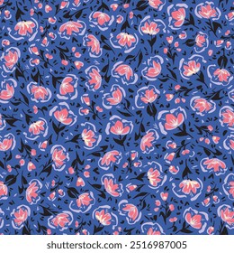 Dibujado a mano, flores estilizadas con hojas sin patrón de repetición. Colocado al azar, Vector botánica aop, impresión de todo sobre fondo azul.