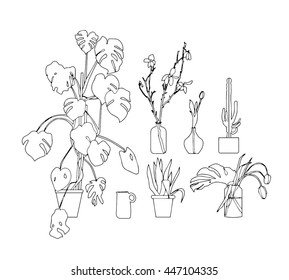 Hand drawn stylized flowers in pot set outline. Flat style vector illustration. (Can be used as texture for cards, invitations, DIY projects, web sites or for any other design.)