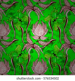 hand drawn stylized flowers seamless pattern. Pink and white doodles flowers. Radial gradient shape.