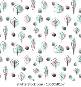 Hand drawn stylized foliage seamless pattern for girls, boys, clothes. Creative background with leaves. Light wallpaper for textile and fabric. Fashion style. Colorful bright. 