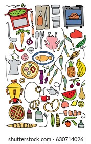 Hand drawn stylized food set bright color. Flat vector style illustration. Kitchen theme. (Can be used as texture for cards, invitations, DIY projects, web sites or for any other design.)