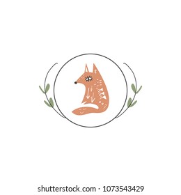 Hand drawn stylized fox, circle badge. Scandinavian style, cozy cute art. Clipart, vector elements.