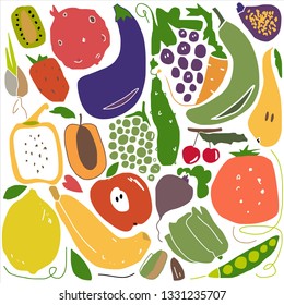 Hand drawn stylized fruit and vegetable set bright color. Flat vector style illustration. Food theme.