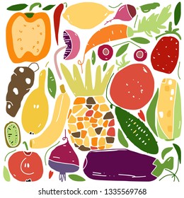 Hand drawn stylized fruit and vegetable set bright color. Flat vector style illustration. Food theme.