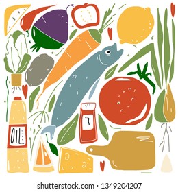 Hand drawn stylized fruit and vegetable set bright color. Flat vector style illustration. Food theme.