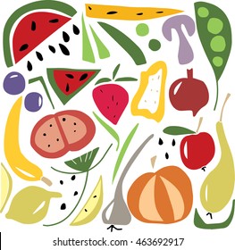 Hand drawn stylized fruit vegetable set bright color. Flat style vector illustration. Christmas set. (Can be used as texture for cards, invitations, DIY projects, web sites or for any other design.)