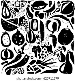 Hand drawn stylized fruit and vegetable set black color. Flat style illustration. Food theme. (Can be used as texture for cards, invitations, DIY projects, web sites or for any other design.)