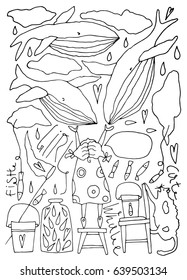 Hand drawn stylized girl with whale set. Flat vector style illustration. Animals theme. Lettering. (Can be used as texture for cards, invitations, DIY projects, web sites or for any other design.)