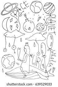 Hand drawn stylized girl. whale and planets set black color. Flat style illustration. Children theme. (Can be used as texture for cards, invitations, DIY projects, web sites or for any other design.)