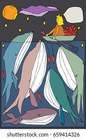 Hand drawn stylized girl and whale set bright color. Flat vector style illustration. Children theme. (Can be used as texture for cards, invitations, DIY projects, web sites or for any other design)