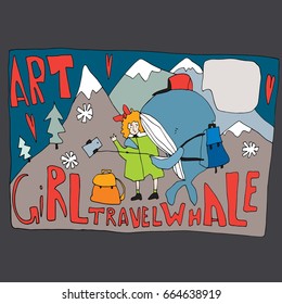 Hand drawn stylized girl and whale set. Flat vector style illustration. Child theme. Speech. Lettering. (Can be used as texture for cards, invitations, DIY projects, web sites or for any other design)