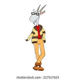 Hand drawn stylized goat dressed in a casual style, isolated