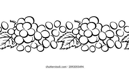 Hand drawn stylized grape endless border. Vector fruit isolated on white background. Black graphic illustration.