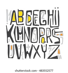 Hand drawn stylized grunge art alphabet with unique lettering. Flat lettering style vector illustration. (Can be used as texture for cards, invitations, DIY, web sites or for any other design.)