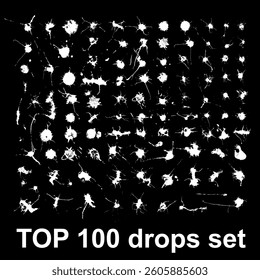 Hand drawn stylized grunge bird droppings set black and white. Flat blots set style vector illustration. (Can be used as texture for cards, invitations, DIY, web sites). Top 100 drops set.